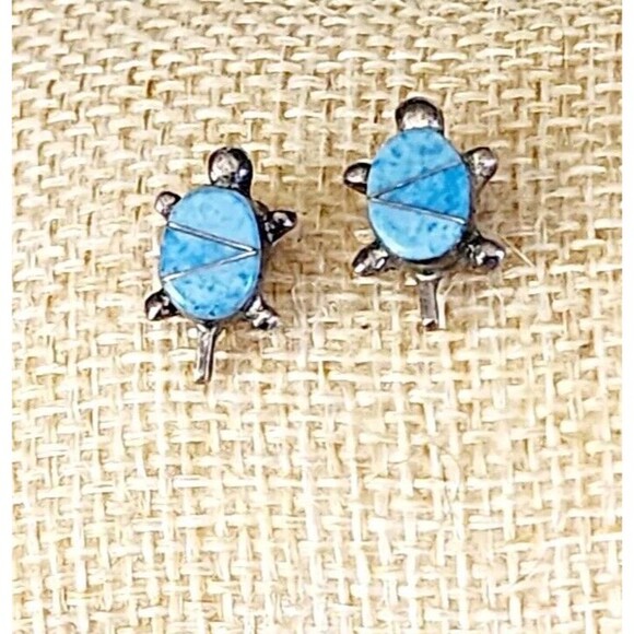 Zuni Turtle Earrings 925 Silver Natural Inlaid Gemstones Native American 2mm - Picture 2 of 7